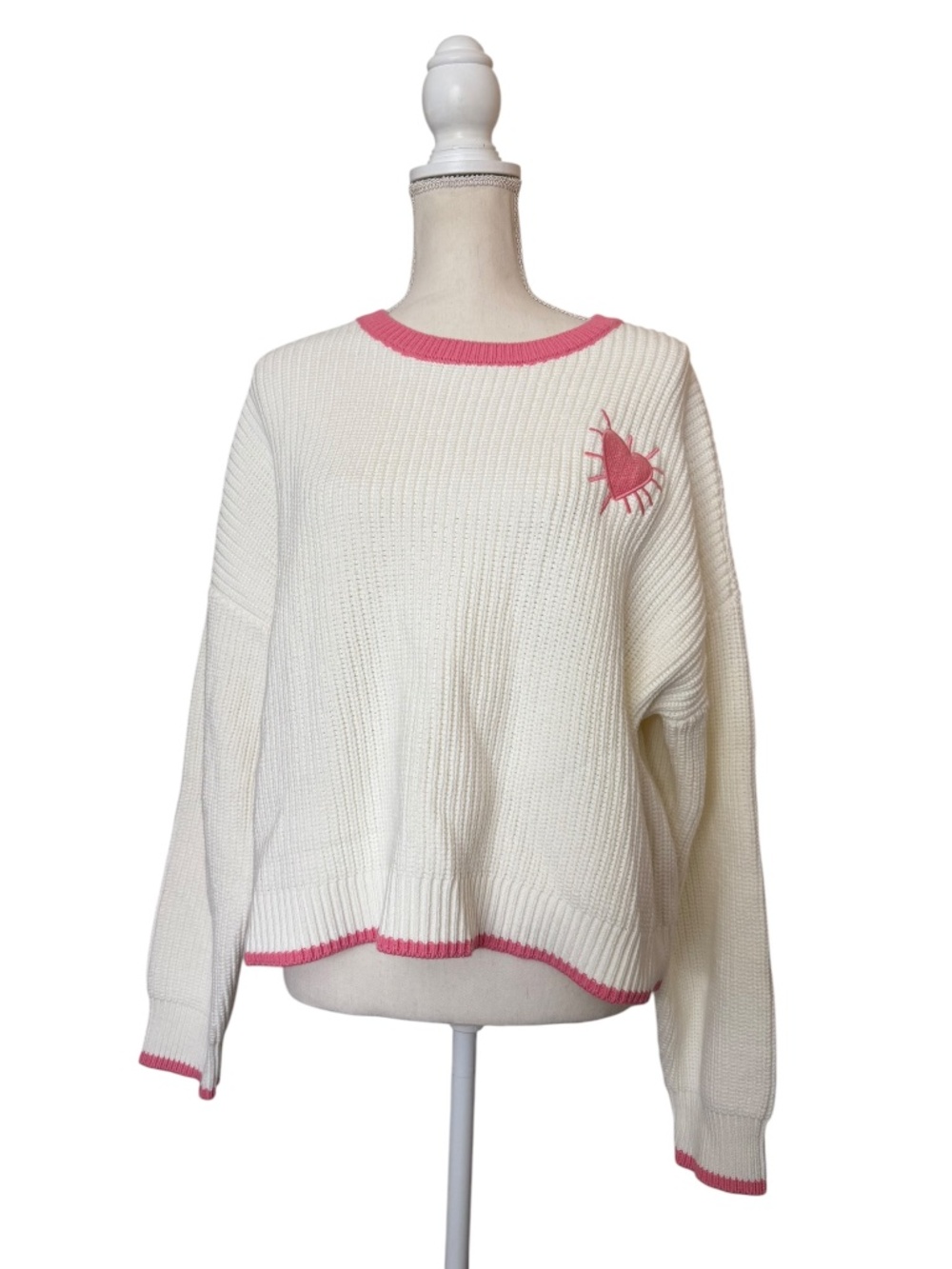 XOKR Kerri Rosenthal Anthropologie White Pink Heart Knit Sweater Size XL